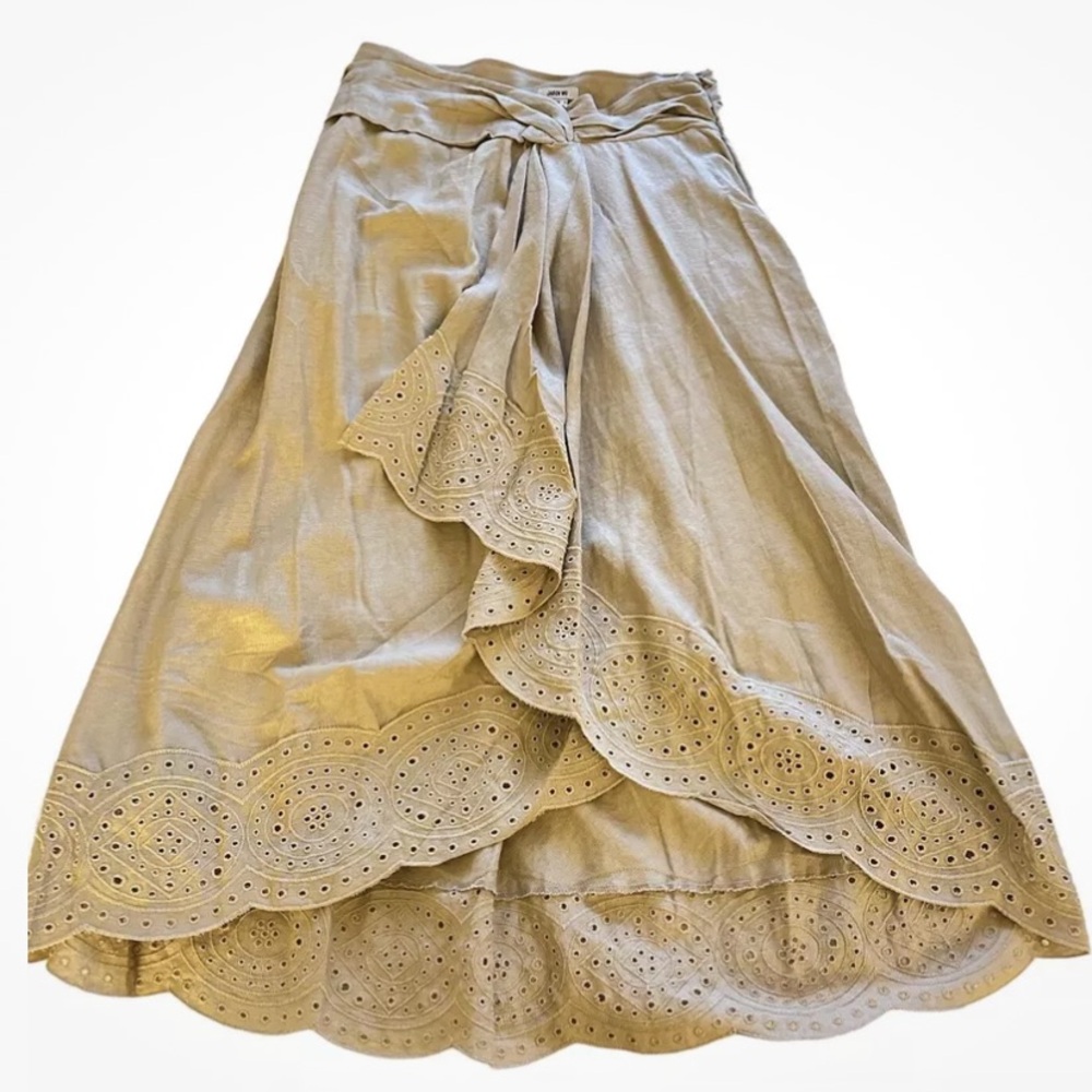 Jason Wu Embroidered Eyelet tan front ruffle handkerchief faux-wrap linen skirt - Picture 2 of 9